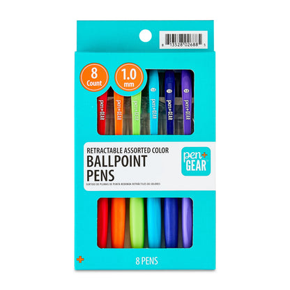 Pen+Gear Retractable Ballpoint Pens, Medium Point, 1.0 mm, 8 Count, Assorted Colors